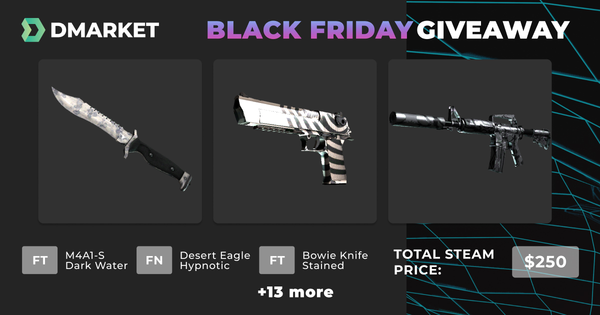 DMarket's tweet photo. Special "Black Friday" Giveaway 🖤
It is your chance to get this black loadout (16 skins).
The more entries, the more chances to win.

Enter now 👉 https://t.co/DvhrGoBZyz https://t.co/A2qaBpff1f