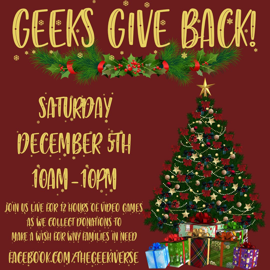Disruptoid's tweet photo. @The_Geekiverse is excited to announce #GeeksGiveBack!
Saturday, December 5th, The Geekiverse is partnering with streamers around Buffalo to raise money for Make-A-Wish WNY with a 12 hour live stream!
It’s gonna be a blast. https://t.co/yQK04wa5hE