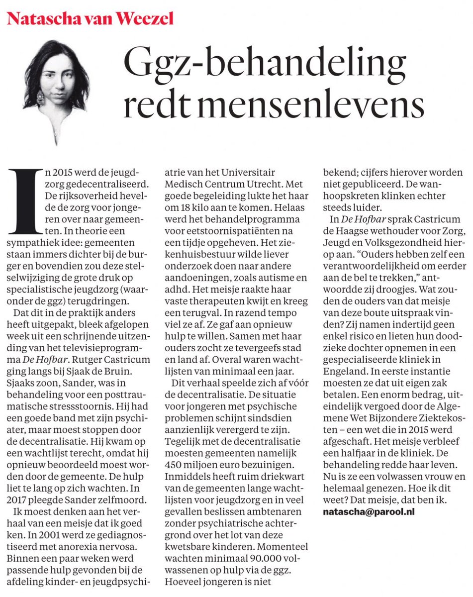Ik post mijn column meestal niet helemaal, maar dit keer maak ik een uitzondering. Omdat dit onderwerp me zo aan het hart gaat #parool #column #ggz #jeugdzorg #decentralisatie