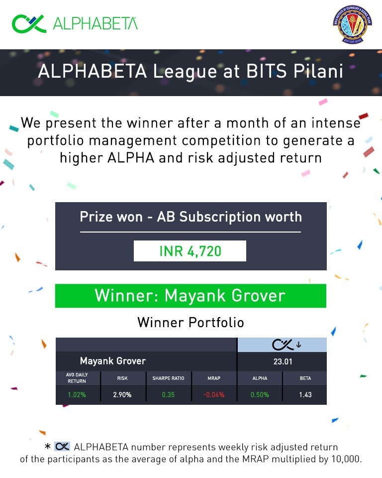 ALPHABETA_INC's tweet photo. Congratulations to Mayank Grover for coming out at the top of the leaderboard during ALPHABETA League at BITS Pilani 

#portfolio #competitions #bits #visualfinance https://t.co/g9nXIr6BS4