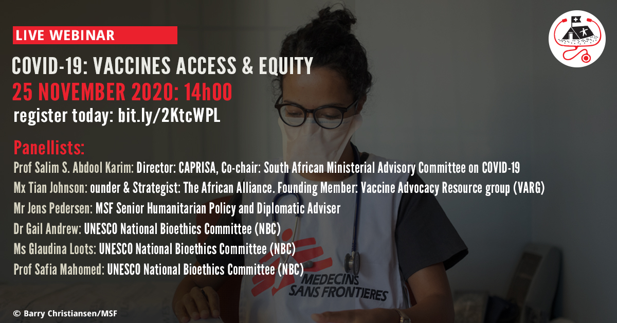 📢: We have been calling for no patents during the #COVID19 pandemic. Join our Senior Humanitarian and Diplomatic Advisor @JenswpW in a panel discussion about access to COVID-19 vaccines and equality. 
Register now: bit.ly/2KtcWPL