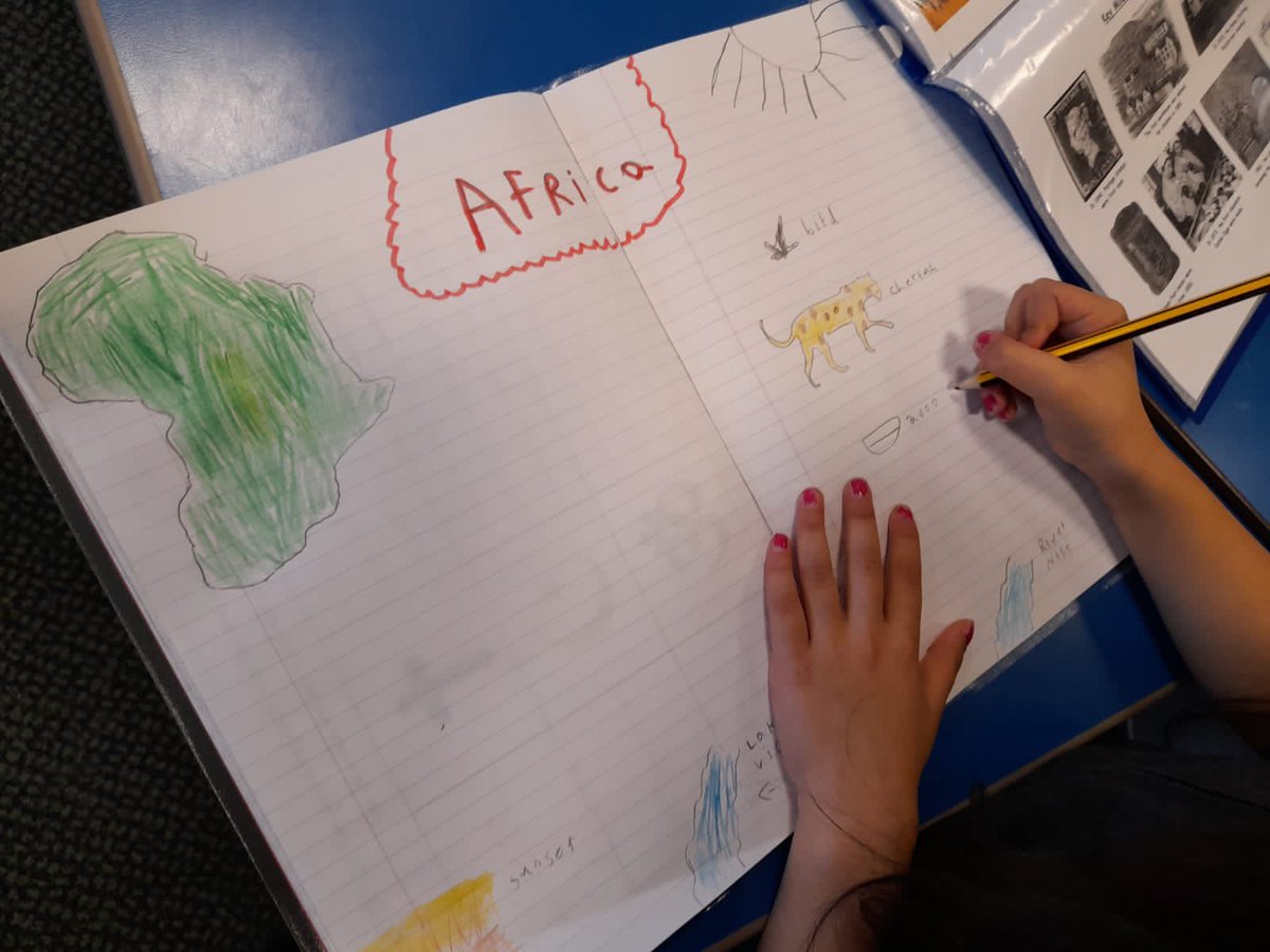 Rowlatts_TMET's tweet photo. Year 2 are working hard at creating their very first double page spread about Africa.  We are impressed! #RMGeography #resilience #creative https://t.co/x5Y3Gue8Gb