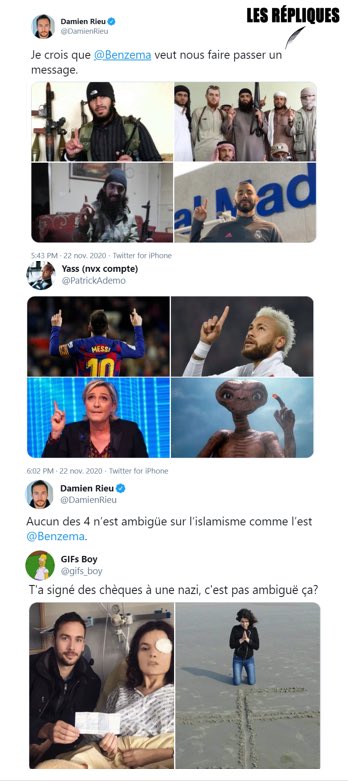 Les_Repliques's tweet photo. Le militant d’extrême-droite, rédacteur du site Fdesouche et « lanceur d’alerte » @DamienRieu (Damien Lefèvre de son vrai nom) s’en prend au footballeur @Benzema l’accusant d’être « ambigue avec l’islamisme » notamment pour un ☝️ https://t.co/Oup4uMWblg