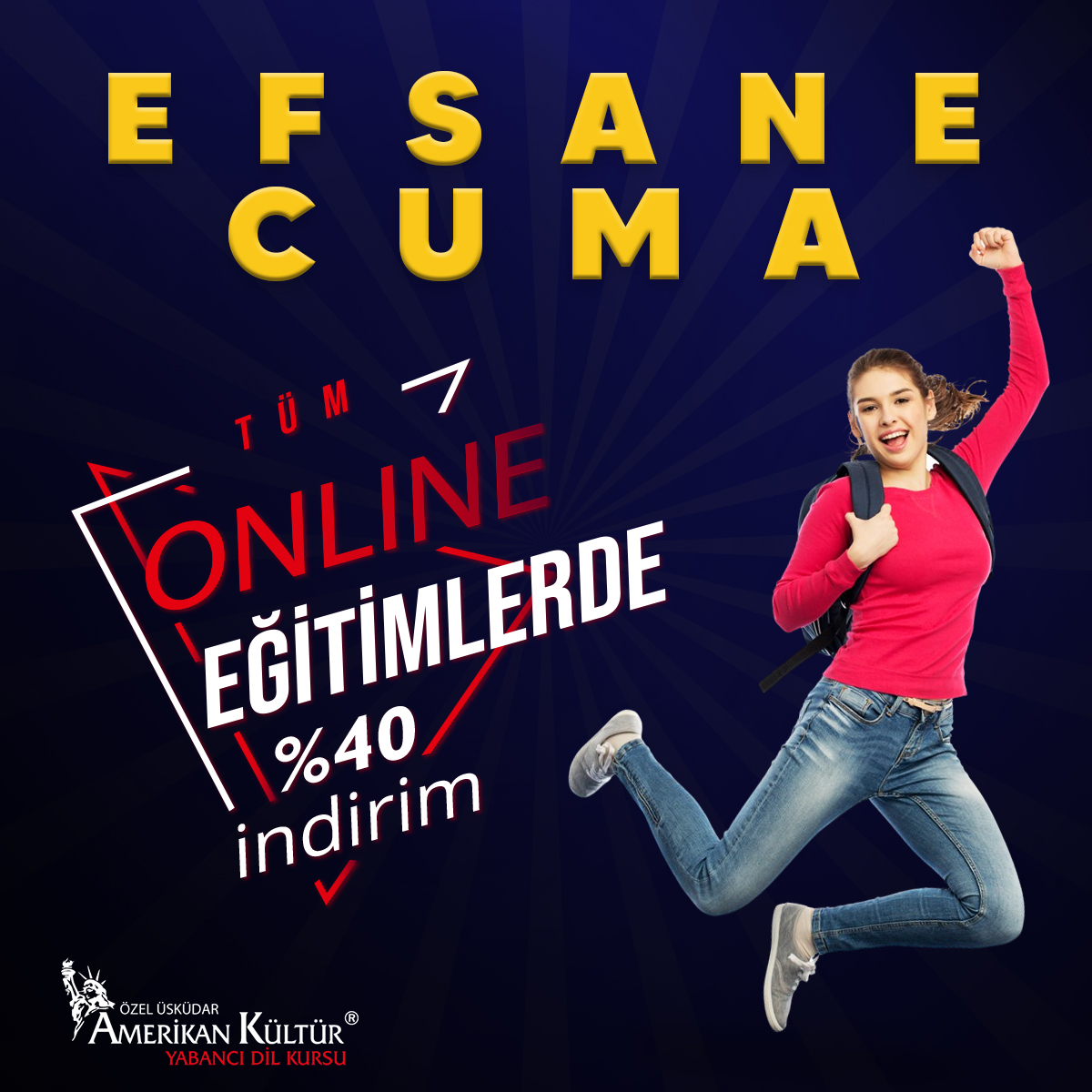 uskudarakd's tweet photo. Efsane cuma indirimleri başladı. Kasım ayı sonuna kadar Tüm online eğitimlerde %40 indirim!
#Üsküdar #AmerikanKültür #EfsaneCuma #BlackFriday #Online #İngilizce https://t.co/YgndJ8jBD1