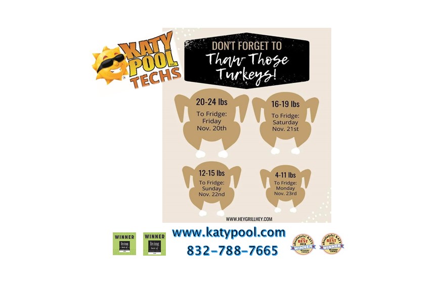 It is thaw out your turkey time! Don't forget to pull those little guys out of the freezer! If you need help with your pool before the big day call Katy Pool Techs at 832-788-7665.

katypool.com #gokaty #3daystillthanksgiving