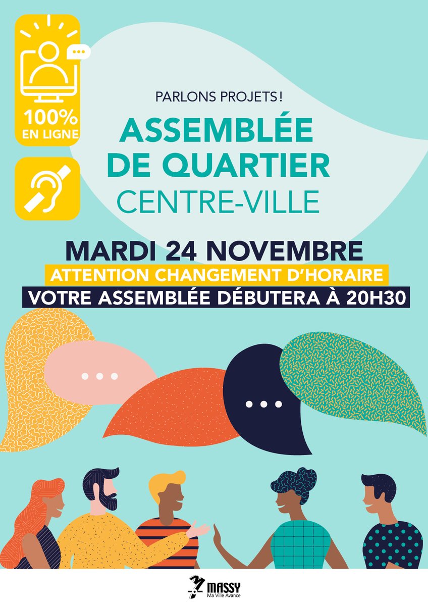 En raison de l'allocution présidentielle prévue au même moment, l'Assemblée de quartier du Centre-Ville aura lieu ce mardi 24 novembre à 20h30 au lieu de 20h. Et comme l'allocution présidentielle, elle est accessible en LSF ! 🔻
ville-massy.fr/adq2020/