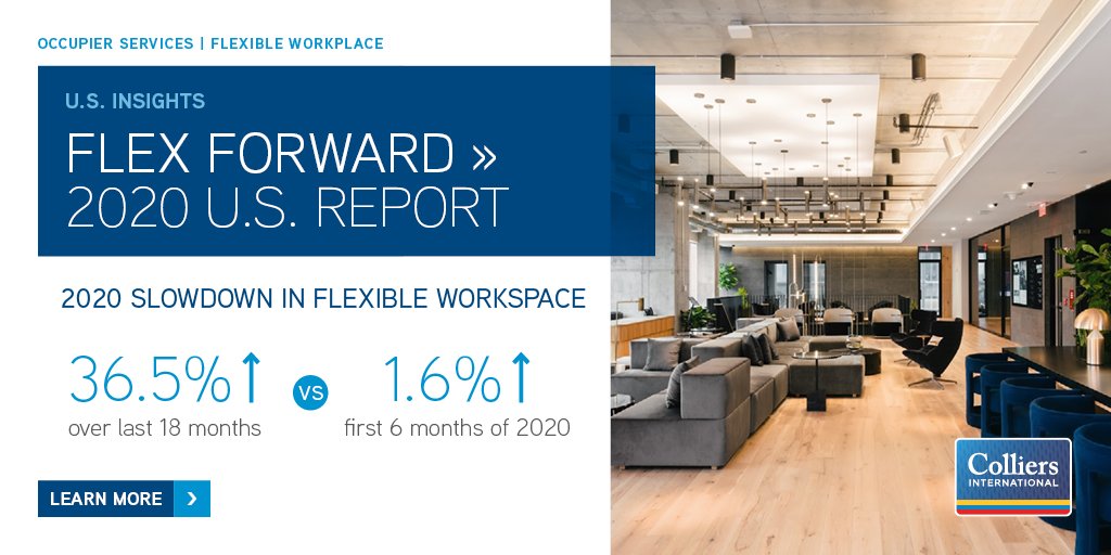 Colliers's tweet photo. Colliers' U.S. Flexible Workplace Report illustrates a slowdown of growth in the #flexibleworkspace sector. Download the full report and infographic to learn more: https://t.co/5yT68gCuli | #FlexForward #Office https://t.co/DRLDr8Ygci