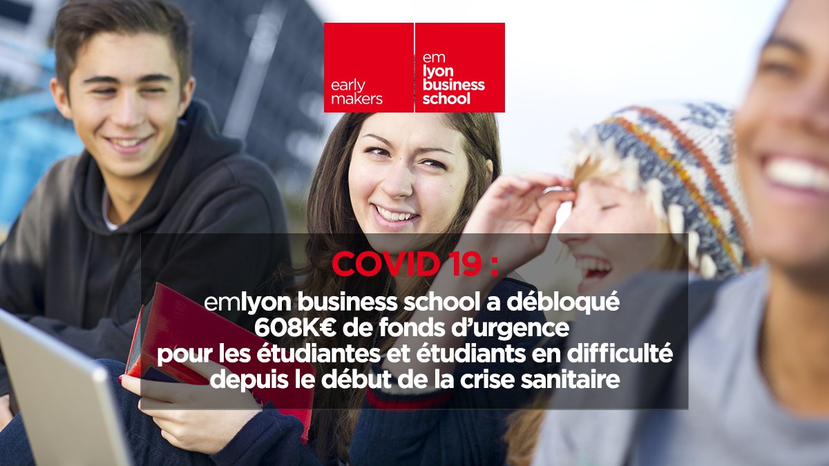 Nous débloquons 200K€ supplémentaire de fonds d'urgence via notre Fondation &amp; avec l’appui du réseau <a href="/emlyonalumni/">emlyon alumni</a> pour venir en aide aux étudiant(e)s les plus touché(e)s par la crise qui se prolonge. 👉 bit.ly/372uyK8
#earlymakers #emlyonSolidaire