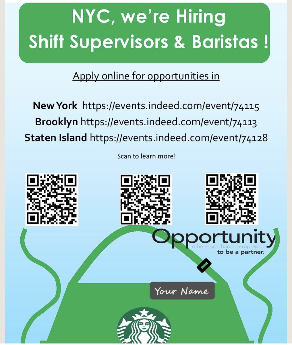 Gm, are you ready for your GREEN apron? <a href="/Starbucks/">Starbucks</a> #wearehiring #baristas #Brooklyn #statenisland