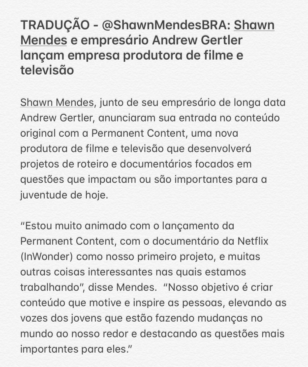 Tudo Shawn - TRADUÇÃO - Texto de Shawn Mendes sobre seu