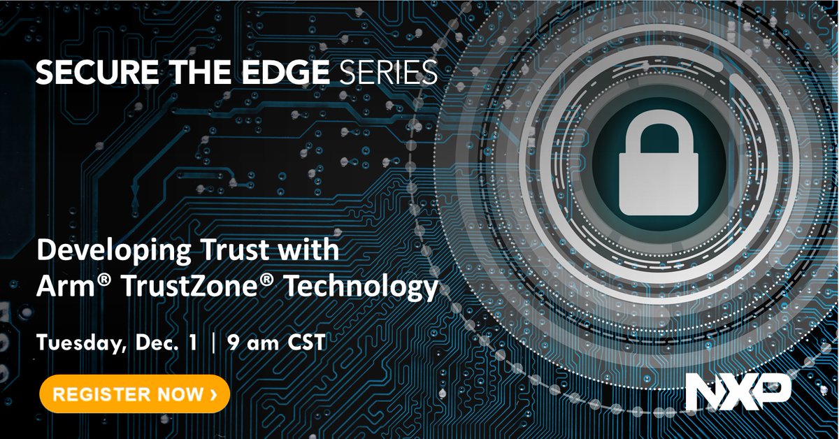 NXP's tweet photo. The first step in a secure #IoT edge design is to pinpoint requirements and then choose an #MCU. But what comes next is crucial: the security configuration. Clark Jarvis will show how we enable your development: https://t.co/Brjt8RbxIB #SecureTheEdge https://t.co/tpxm5Ssqwl