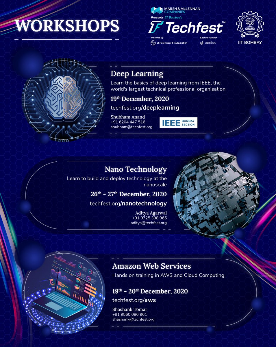 Techfest_IITB's tweet photo. #RegisterNOW for #𝗧𝗲𝗰𝗵𝗳𝗲𝘀𝘁 ❜𝘀 #𝗢𝗻𝗹𝗶𝗻𝗲𝗪𝗼𝗿𝗸𝘀𝗵𝗼𝗽𝘀 from the comfort of your home! 
#LearnToCreate
#DeepLearning - https://t.co/BEPBhbLzyV
#NanoTechnology - https://t.co/dKHrJkqCL7
#AmazonWebServices - https://t.co/76FhiHm3g6 https://t.co/fic85ovwuK