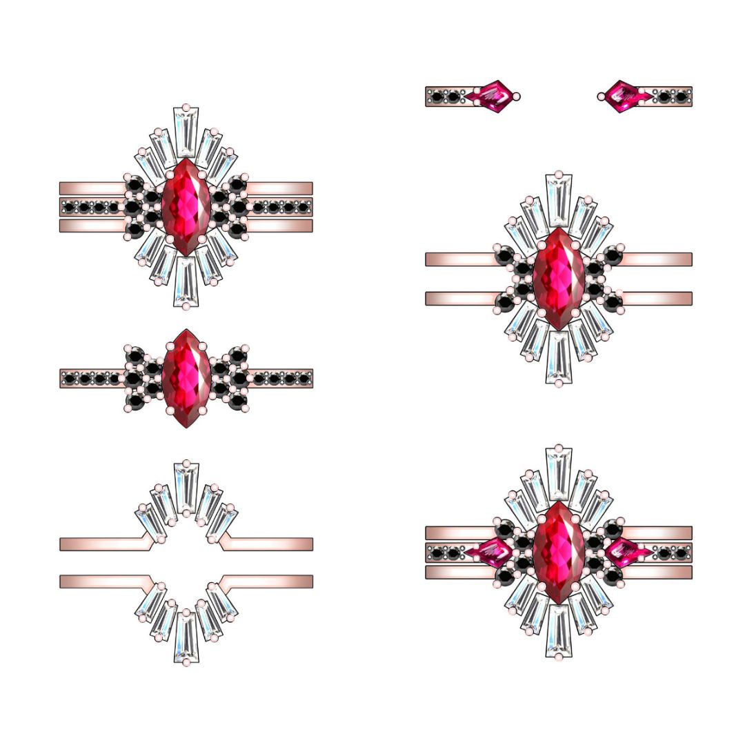 Picking up from a few elements he spotted on her Pinterest board, we focused in on some Deco-inspired elements, a ballerina halo, and a ring set that slots together. It's a beautiful showcase for a ruby!