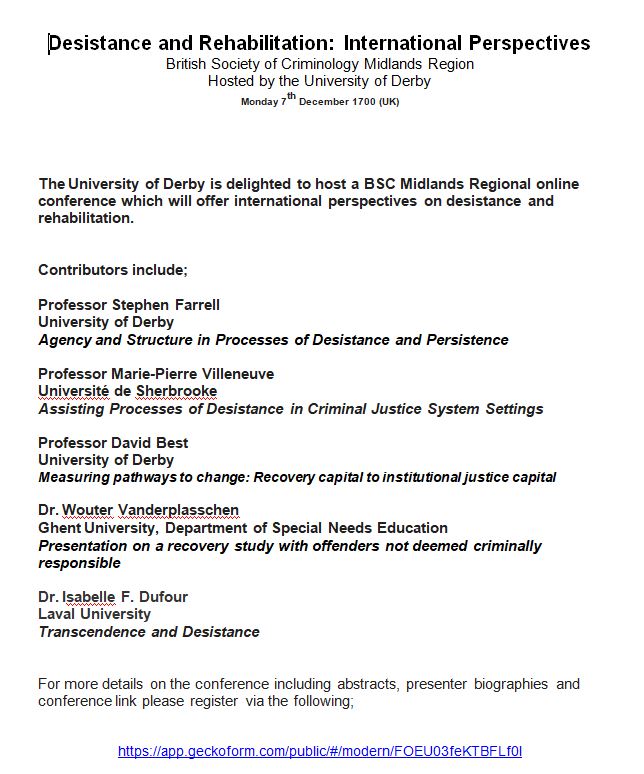 Interested in desistance and rehabilitation? <a href="/BritSocCrim/">British Criminology</a>
Midlands Region and <a href="/DerbyUni/">University of Derby</a> are hosting a free online conference, on December 7th at 5pm. Open to all, so please sign up as soon as possible to secure your place: app.geckoform.com/public/#/moder…