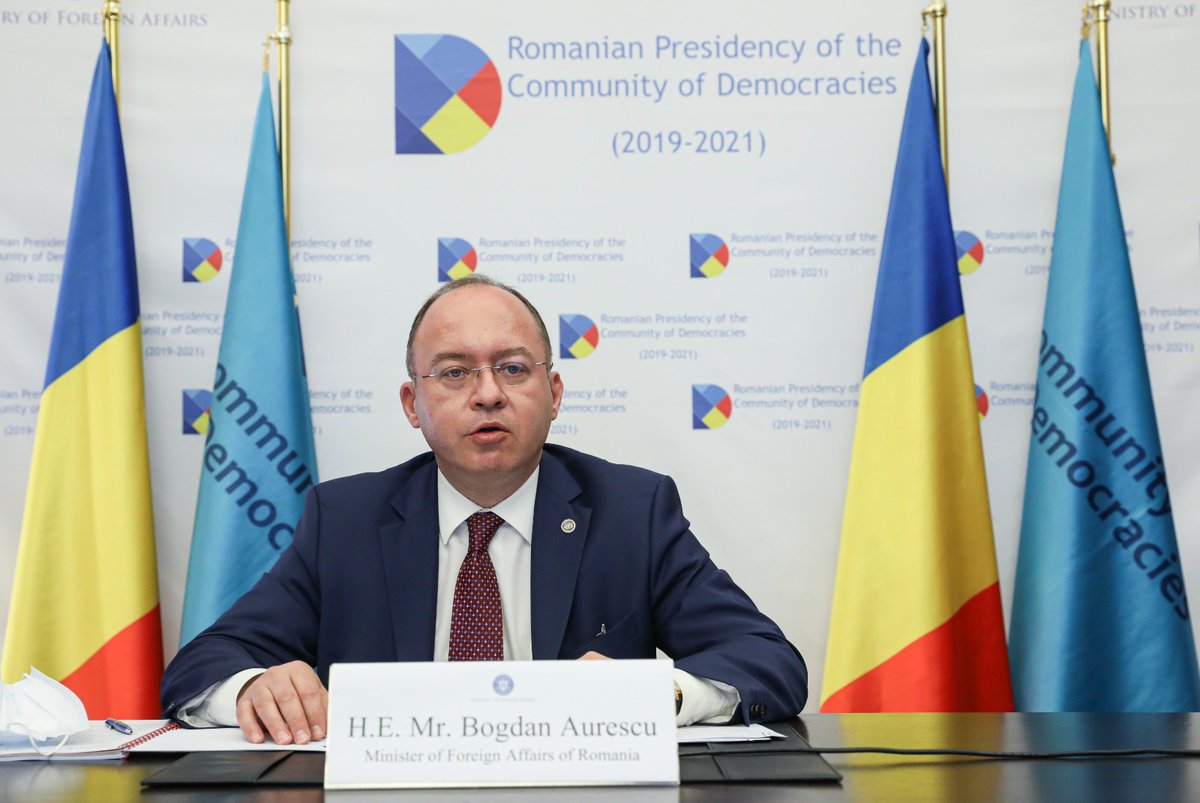 BogdanAurescu's tweet photo. Honored 2 open today t/32nd Governing Council of @communityofdem, under t/ 🇷🇴presidency, reaffirming our commitment 2 promote democratic principles & multilateralism. Also recalled #BucharestDeclaration’s goal 2 consolidate trust in #democracy @ThomasEGarrett #WAWDeclaration20 https://t.co/uxGIWYgKVF