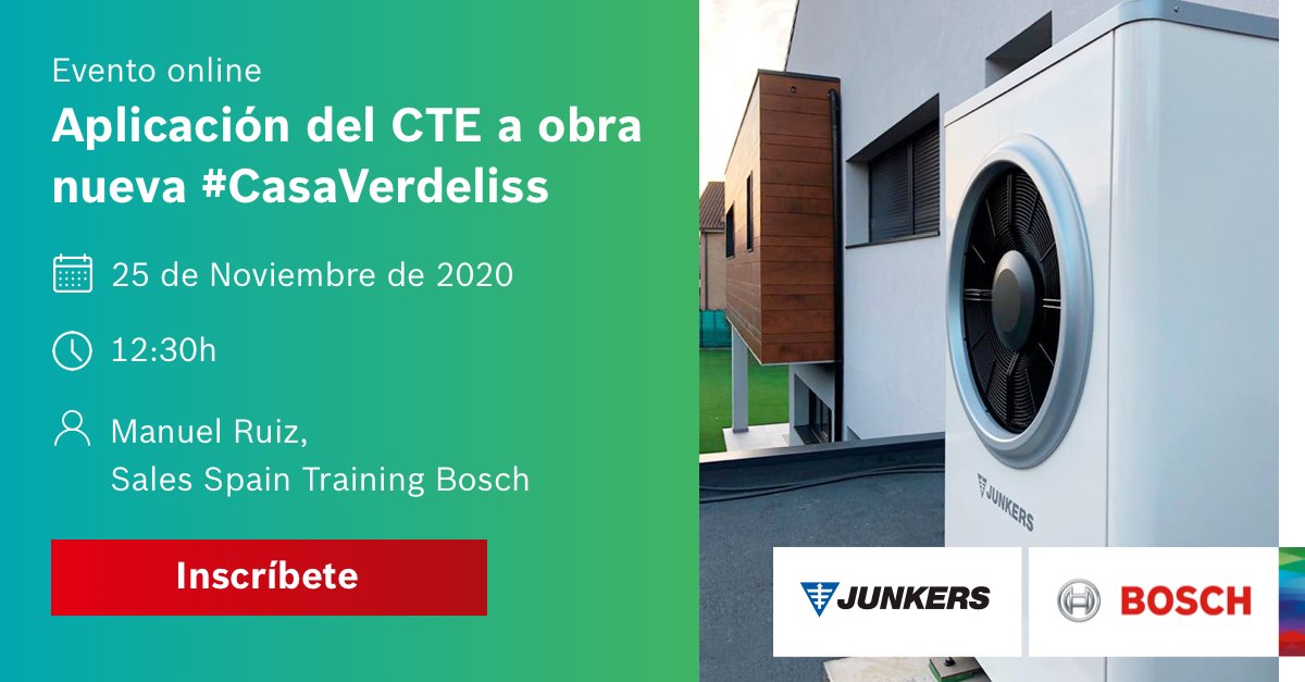 junkers_es's tweet photo. En #JunkersBosch participamos en el evento de @AIN_Navarra para dar visibilidad a sistemas de climatización eficientes y sostenibles.
Nuestro experto Manuel Ruiz explicará el caso de éxito de la #CasaVerdeliss.
Inscríbete: https://t.co/YnpeprFNd7
#ClimatizaciónVerde #Aerotermia https://t.co/riLyvuMo5s