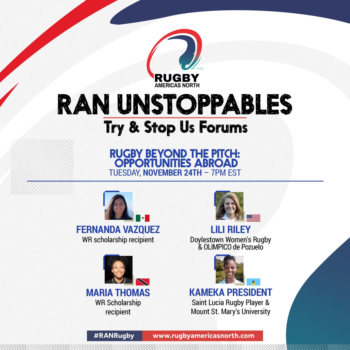 RugbyAmericasN's tweet photo. 🚨 Join us tomorrow night for our second 'Try &amp; Stop Us Forum - Rugby Beyond the Pitch: Opportunities Abroad' as we discuss where the game of rugby can take you - both on, and off the pitch! 

Register 👉 https://t.co/pcb9xrvEMp
#TryandStopUs #WomenInRugby #RANRugby @WorldRugby https://t.co/fZDbLFYAbS