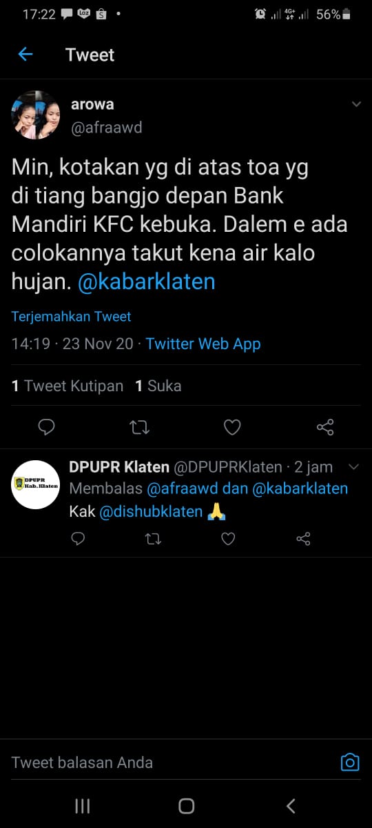 dishubklaten's tweet photo. Senin, 23 November 2020

Giat Perbaikan RPPJ di depan Bank Mandiri menindaklanjuti aduan dari medsos.

#DishubKlaten
#timgerceptrafficlight 
#mrll
#lalulintas
#rppj
#KlatenBersinar https://t.co/YKEi8J1iFo