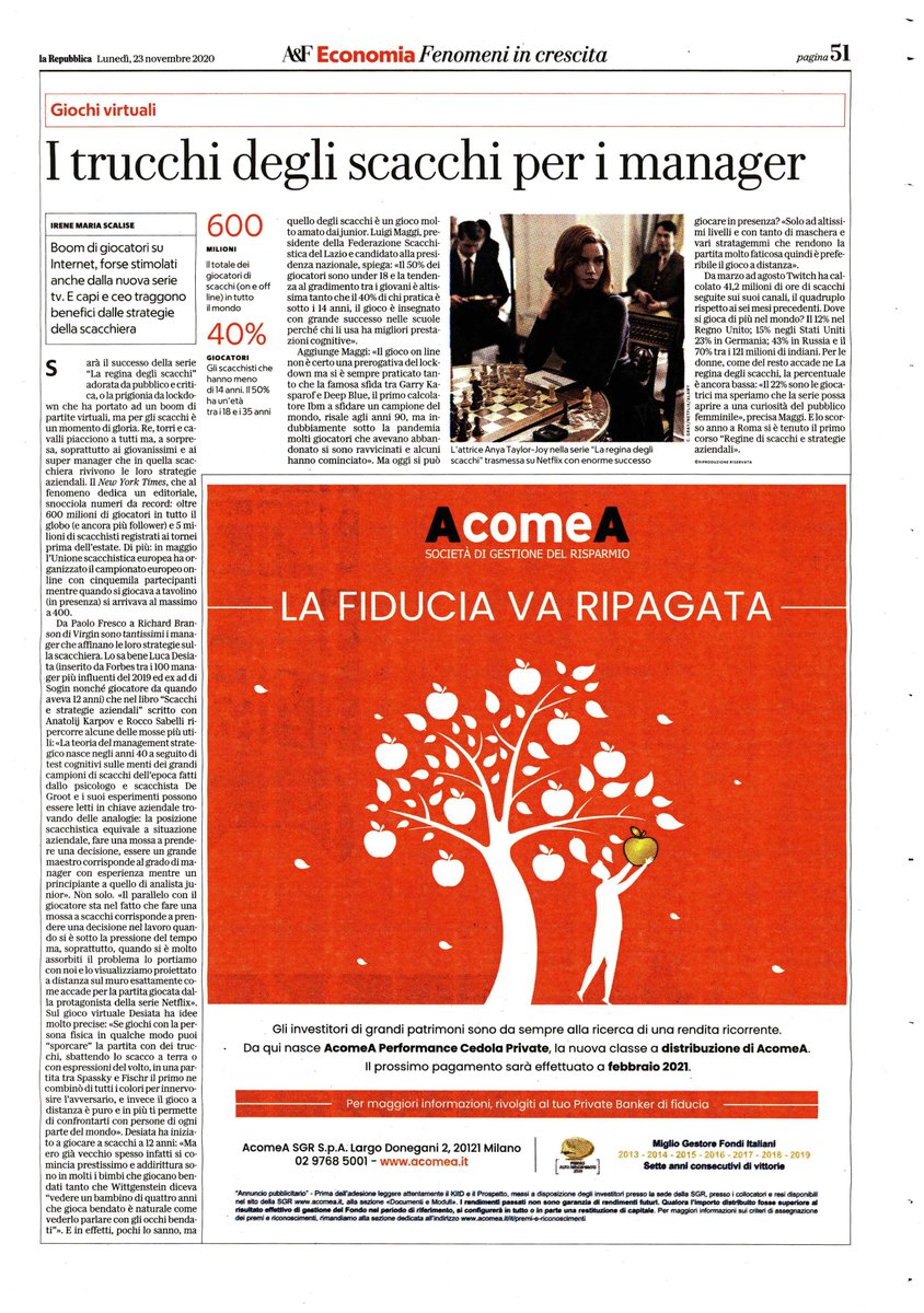 DesiataLuca's tweet photo. “ I trucchi degli #scacchi per i manager” l’articolo oggi di Affari e Finanza sul mio approccio “ Scacchi e #strategie aziendali” https://t.co/QMoBnxLWdt