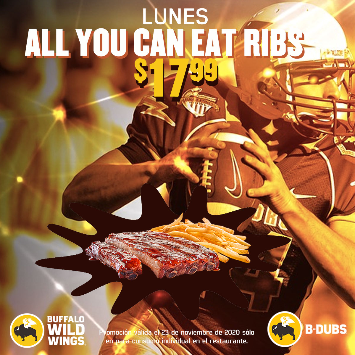 ¿Vienes a B-DUBS hoy lunes?⁣
¡ALL YOU CAN EAT RIBS a $17.99⁣⁣⁣!⁣
⁣⁣⁣⁣
Disfruta nuestras costillas de cerdo bañadas con salsa Honey BBQ. La primera Libra servida con papas fritas.⁣⁣⁣⁣
⁣
Promoción individual disponible únicamente para consumo en el local.⁣⁣⁣