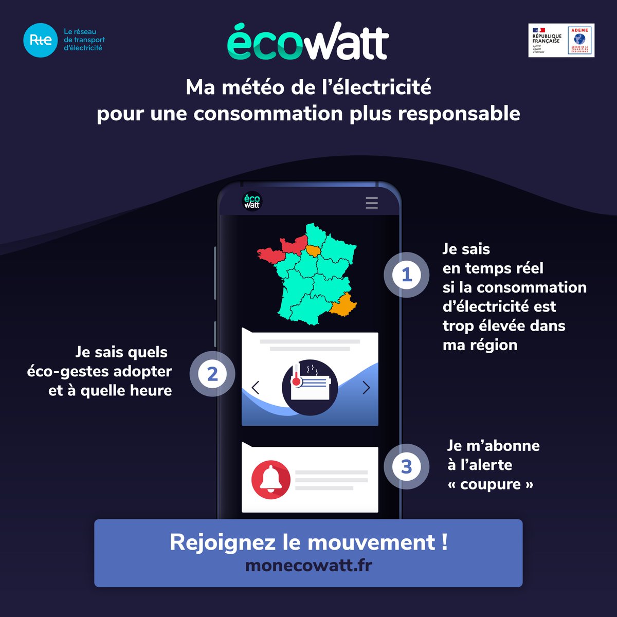 ⚡️Inscrivez-vous pour suivre en temps réel la consommation d'électricité et contribuez à réduire le risque de coupure cet hiver.
👉 monecowatt.fr