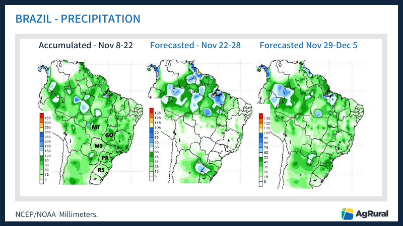 siqueiradaniele's tweet photo. Is the glass half empty or half full for #soybeans? After good rains last week, forecasts show a drier pattern in central #Brazil. It’s a problem for areas in Mato Grosso, but Goiás, Mato Grosso do Sul &amp; Matopiba have plenty of moisture and forecasts for the South look beautiful. https://t.co/mZ8MjT9hgo