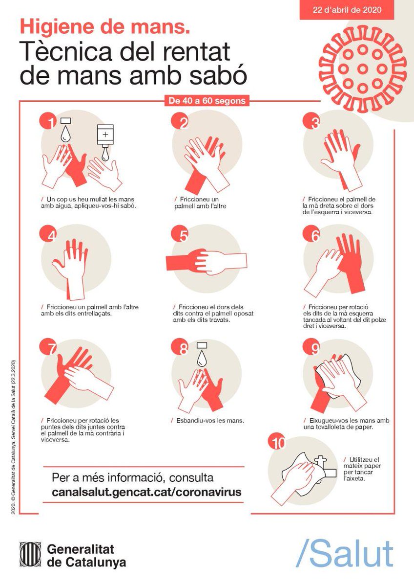 salutcat's tweet photo. 🤲 Rentar-se les mans és la mesura d'higiene més eficaç per evitar la transmissió de malalties infeccioses! Quan usis la mascareta:

🧼 Renta't les mans abans de posar-te-la
👃 Col·loca-la cobrint nas i boca
✅ Ajusta-la bé
🧼 Renta't les mans després de treure-te-la https://t.co/VzqTrWyoAQ