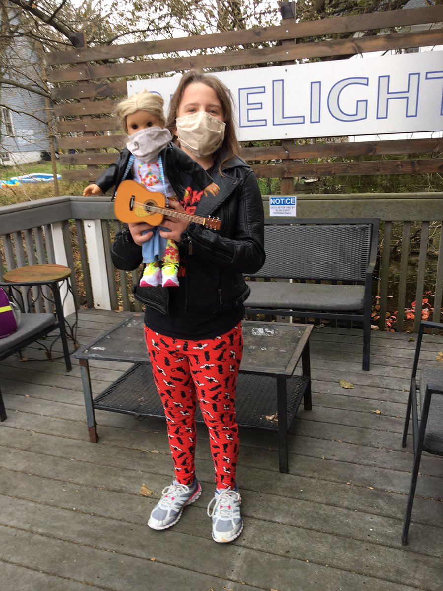 HertzlerMichael's tweet photo. My #MasksAndMusic warrior and roadie Julie preparing for her music lesson yesterday. The @jackybambam933 #DrackPack was, of course, represented. So proud of her. Piano, guitar, drums and keyboards...all masked up. Our jukebox hero. Rocking this Thanksgiving week! @BlueLightStudio https://t.co/HNGMxrSpCl