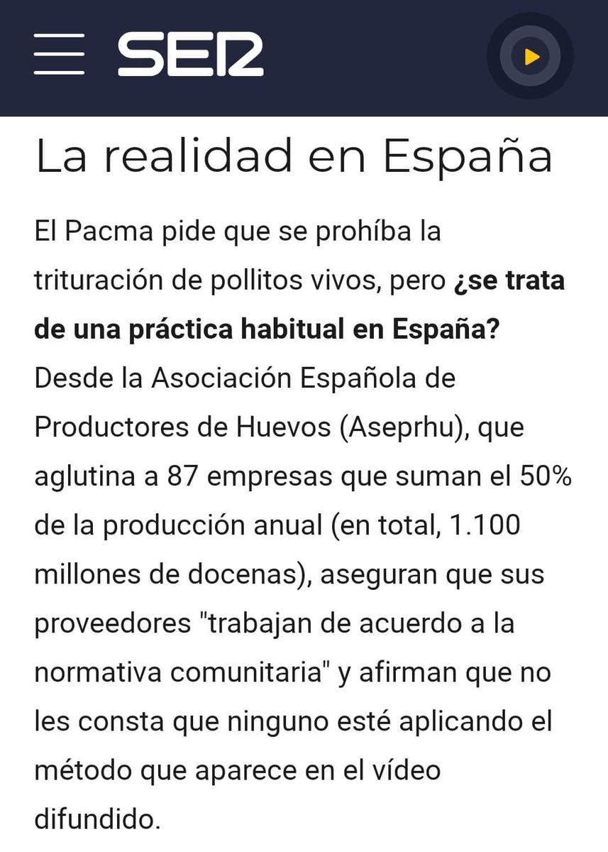 ⛔ BULO de <a href="/PartidoPACMA/">PACMA</a> y <a href="/el_pais/">EL PAÍS</a>. "Treinta y cinco millones de pollitos triturados vivos en España cada año".

⚠️ Media verdad: No hay certezas sobre el uso real de cada método. Desde <a href="/ASEPRHU/">ASEPRHU</a> afirman que no les consta que ningún proveedor aplique el método del vídeo viral.