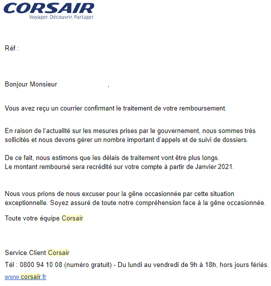 xavierMRU's tweet photo. @UFCquechoisir @CorsairFr a annulé mon vol pour l'Ile Maurice (aller 18/10 retour 8/11). J'ai fait une demande de remboursement le 15/9, acceptée le 7/11. Ils m'informent me rembourser "à partir de janvier 2021". Est-ce normal/légal? https://t.co/rAltjLtCwm