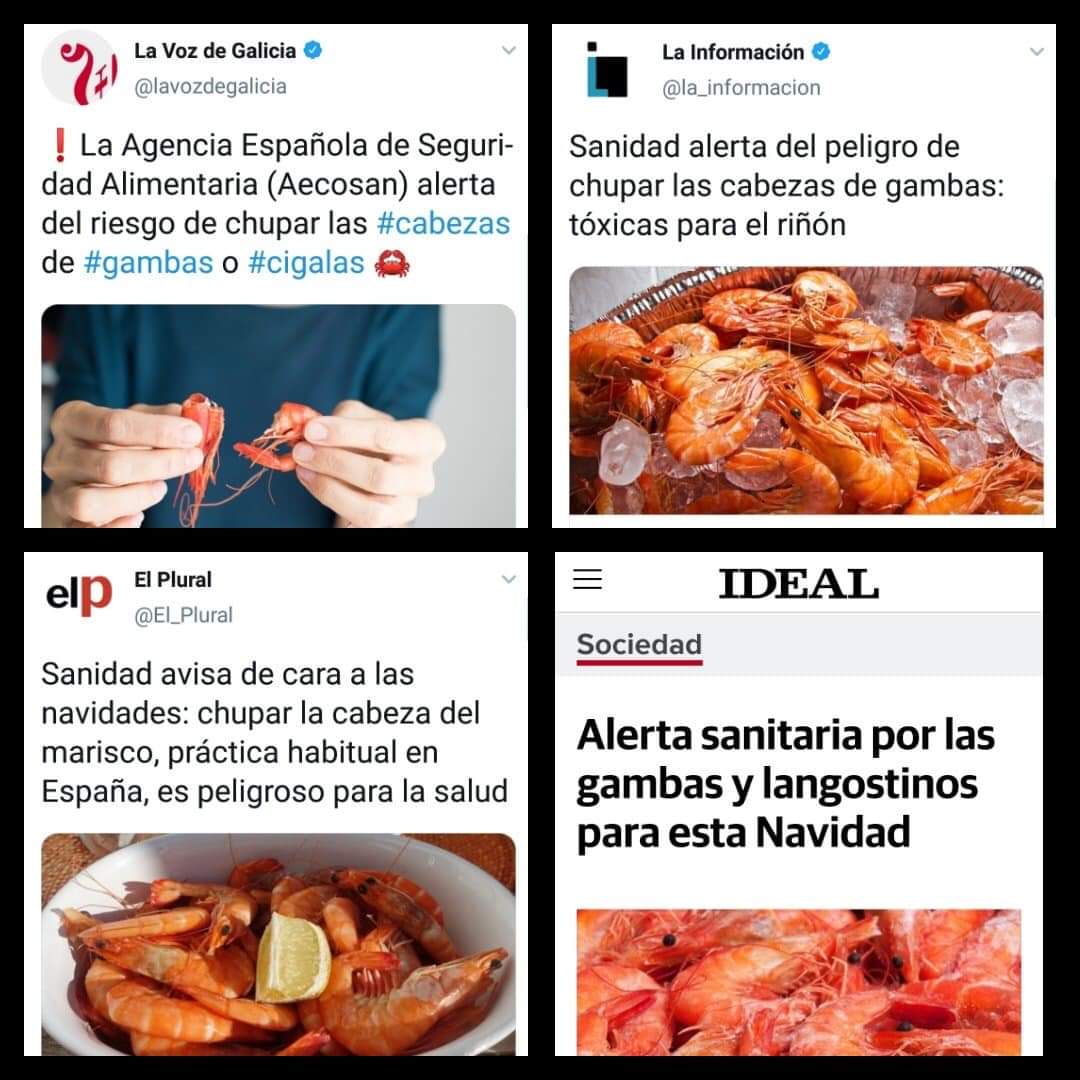 ⛔ BULO de <a href="/EspejoPublico/">Espejo Público</a>, <a href="/la_informacion/">La Información Económica</a>, <a href="/lavozdegalicia/">La Voz de Galicia</a>... "Alerta sanitaria: chupar las cabezas de gambas..."

❌ FALSO: No existe dicha alerta sanitaria. Se trata de una recomendación que hizo la Agencia de Seguridad Alimentaria en 2011. aecosan.msssi.gob.es/AECOSAN/web/pa…