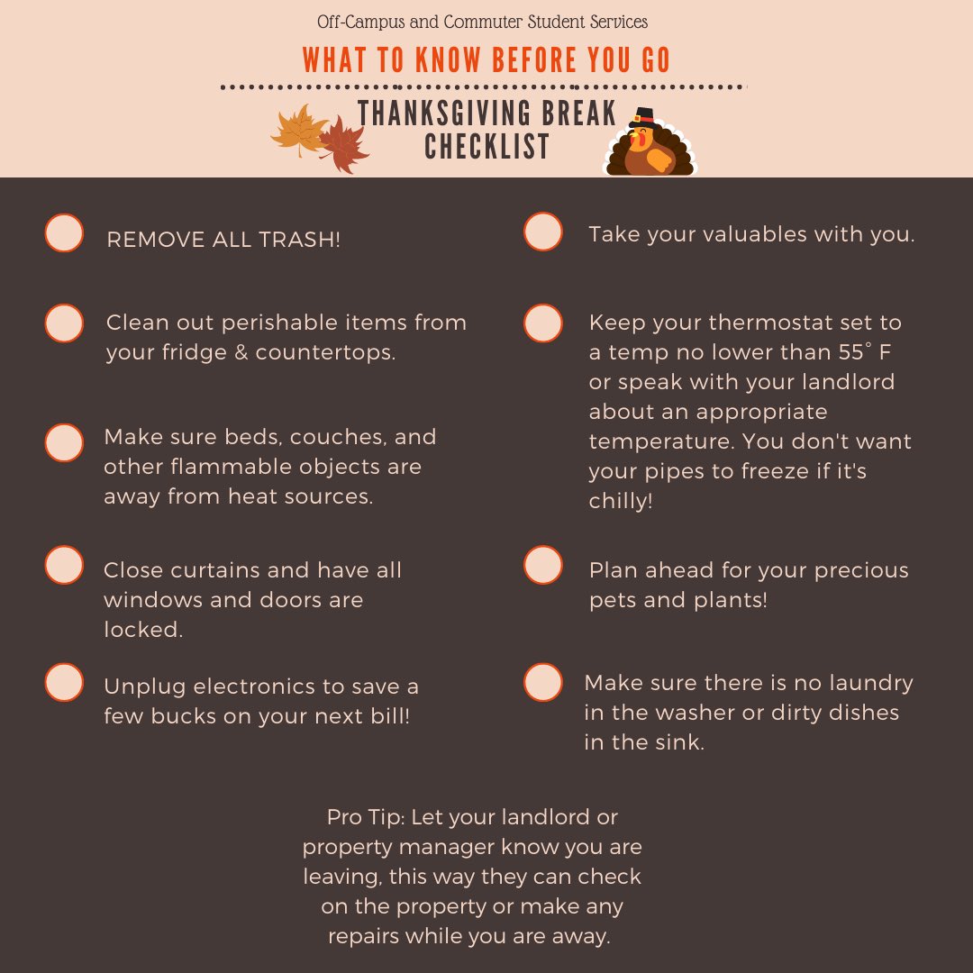 UCONNOffCampus's tweet photo. What to Know Before You Go: Before you leave for Thanksgiving, make sure you take a look at our checklist to prepare your rental for your departure. Have a happy &amp; healthy Thanksgiving! https://t.co/HKSlazUxle