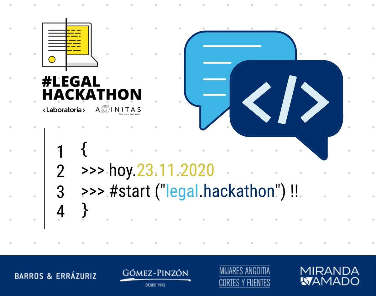 MAfirma_legal's tweet photo. ¡Ya inició la #LegalHackathon2020 Latam Edition! Una experiencia #legaltech organizada por las firmas miembro de #Affinitas y @Laboratoriala para impulsar la transformación del sector legal en Latinoamérica.
¡Mucha suerte a todos los equipos! 🙌 https://t.co/mzEab05b45