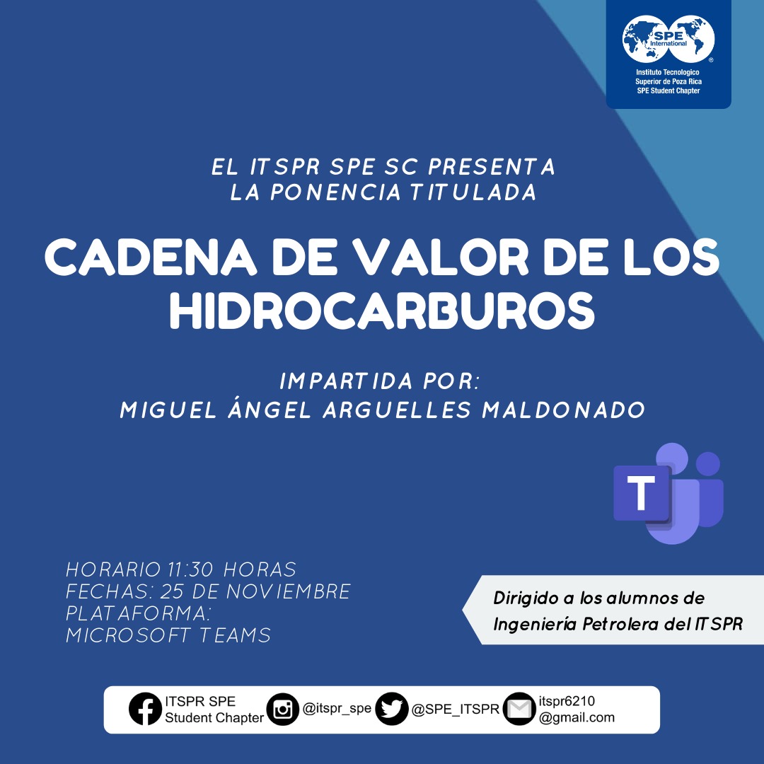 Itspr6210's tweet photo. El día 25 de noviembre se llevará a cabo la plática Cadena de valor de los Hidrocarburos, impartida por el egresado Miguel Arguelles Maldonado dirigida a los alumnos del ITSPR, los eSPEramos a las
11:30 am en la plataforma de Microsoft Teams 💙

#WeAreSPE #itsprspe https://t.co/P4LT6zDfVm