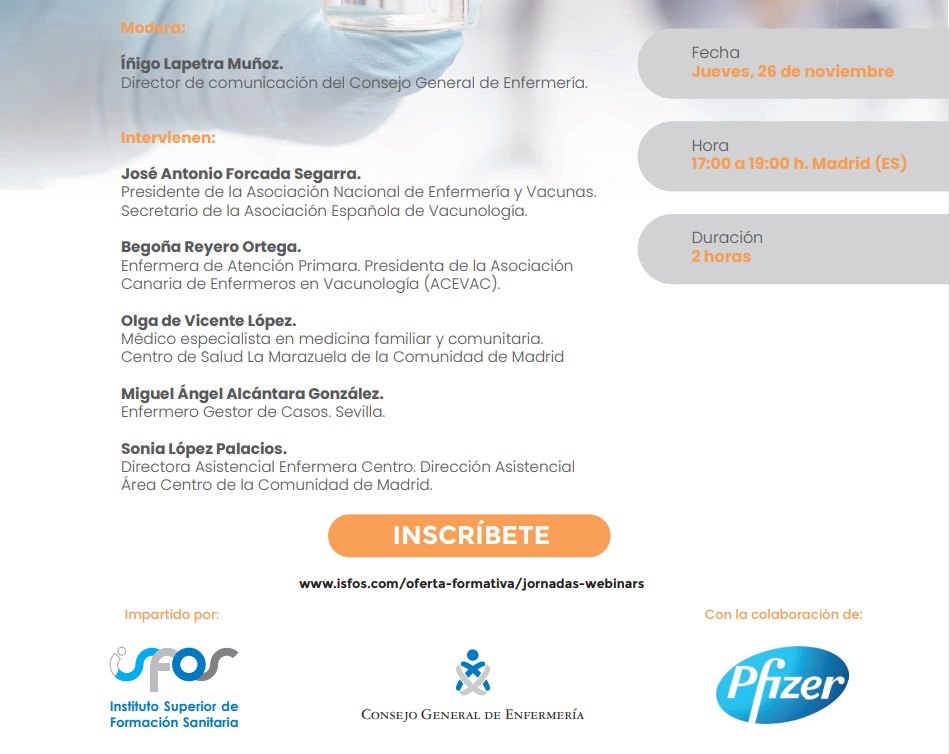 #FormaciónEnfermera de calidad para seguir liderando en cuidados

🗓️Este jueves 26/11, a partir de las 17.00h, todo lo que necesitas saber sobre vacunación en niños

💻Webinar gratuito de #InstitutoISFOS y el <a href="/CGEnfermeria/">Consejo General de Enfermería</a> 

‼️Enfermera, matricula abierta 
isfos.com/oferta-formati…