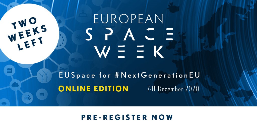 EU4Space's tweet photo. Only two weeks left until the #EUSpaceWeek 2020😲! Are you as excited as we are🛰️? 
Head to https://t.co/D7TDHNGPby to pre-register &amp; be informed the moment the registration is open. 
🗓️See you online 7-11 Dec

#NextGenerationEU #EUSpace #EGNOS #UseGalileo #Copernicus #GovSatCom https://t.co/ZKLPBAnjw0