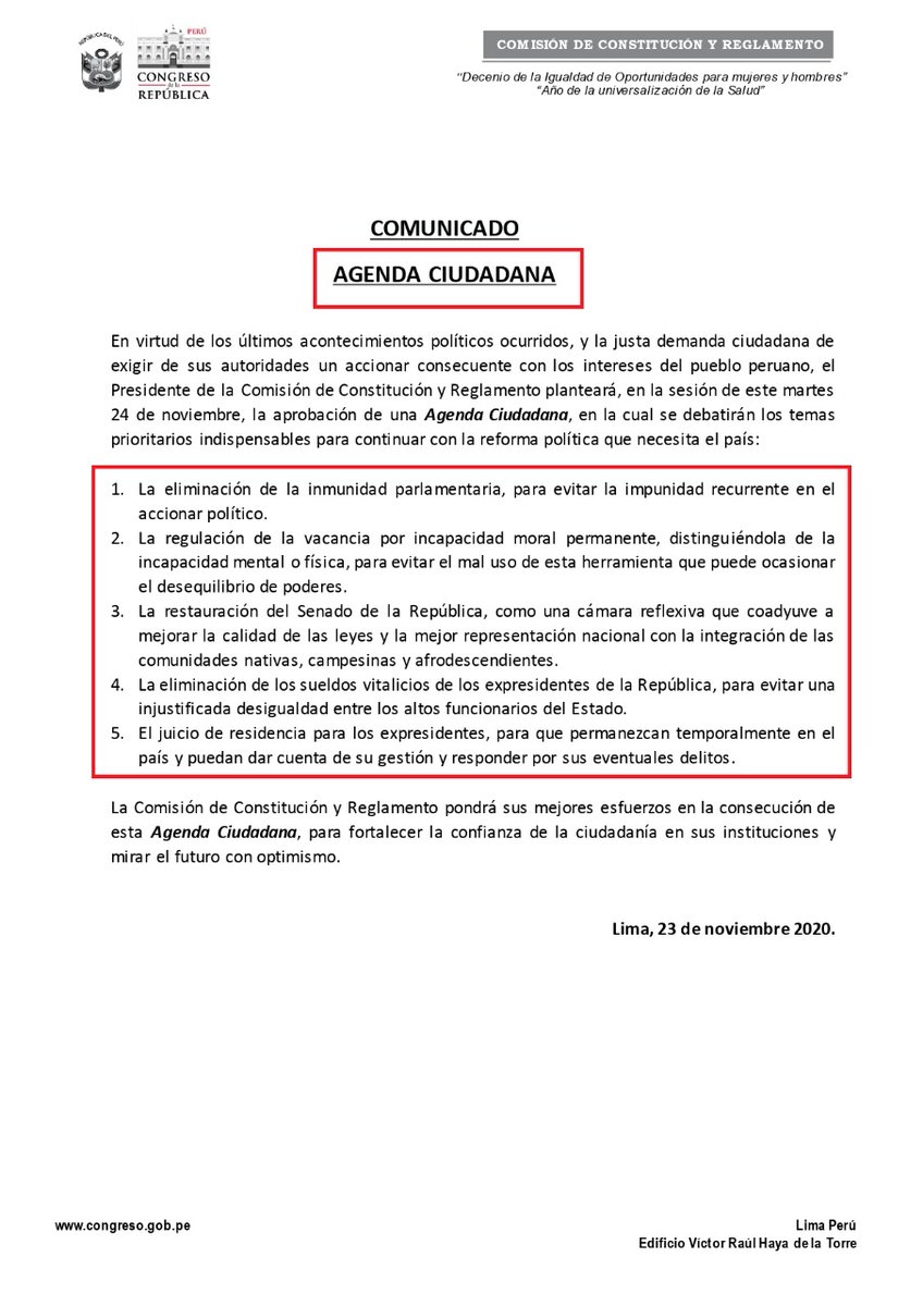 OmarChehadeMoya's tweet photo. COMUNICADO | La Comisión de Constitución y Reglamento del Congreso, que me honra presidir, ha elaborado una Agenda Ciudadana, que debatirá temas prioritarios para la reforma política de nuestro país. https://t.co/pI71Wn18gl