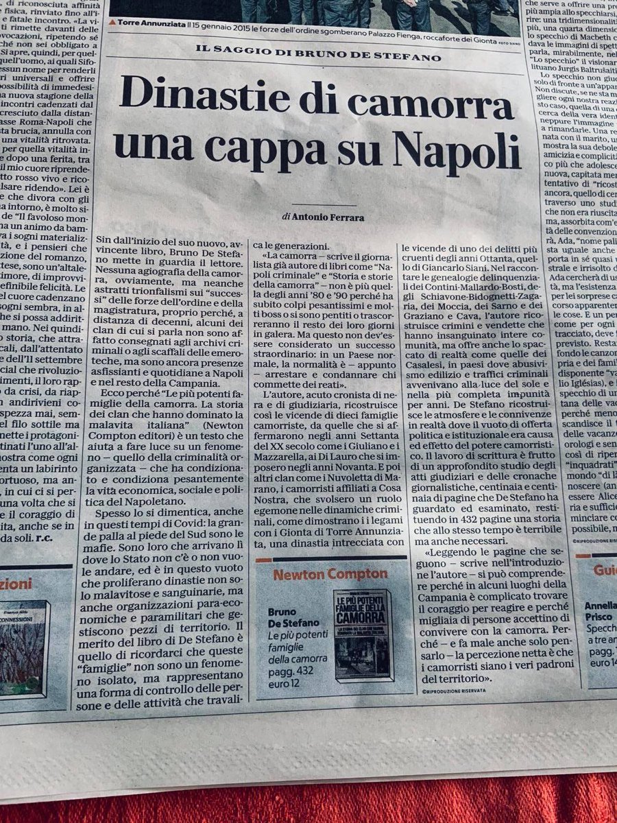 destefano66's tweet photo. Oggi sull'edizione napoletana di Repubblica una (per me bellissima) recensione de "Le famiglia più potenti della camorra". Grazie al capo della redazione Ottavio Ragone e al collega Antonio Ferrara. https://t.co/fsV06l7pDt