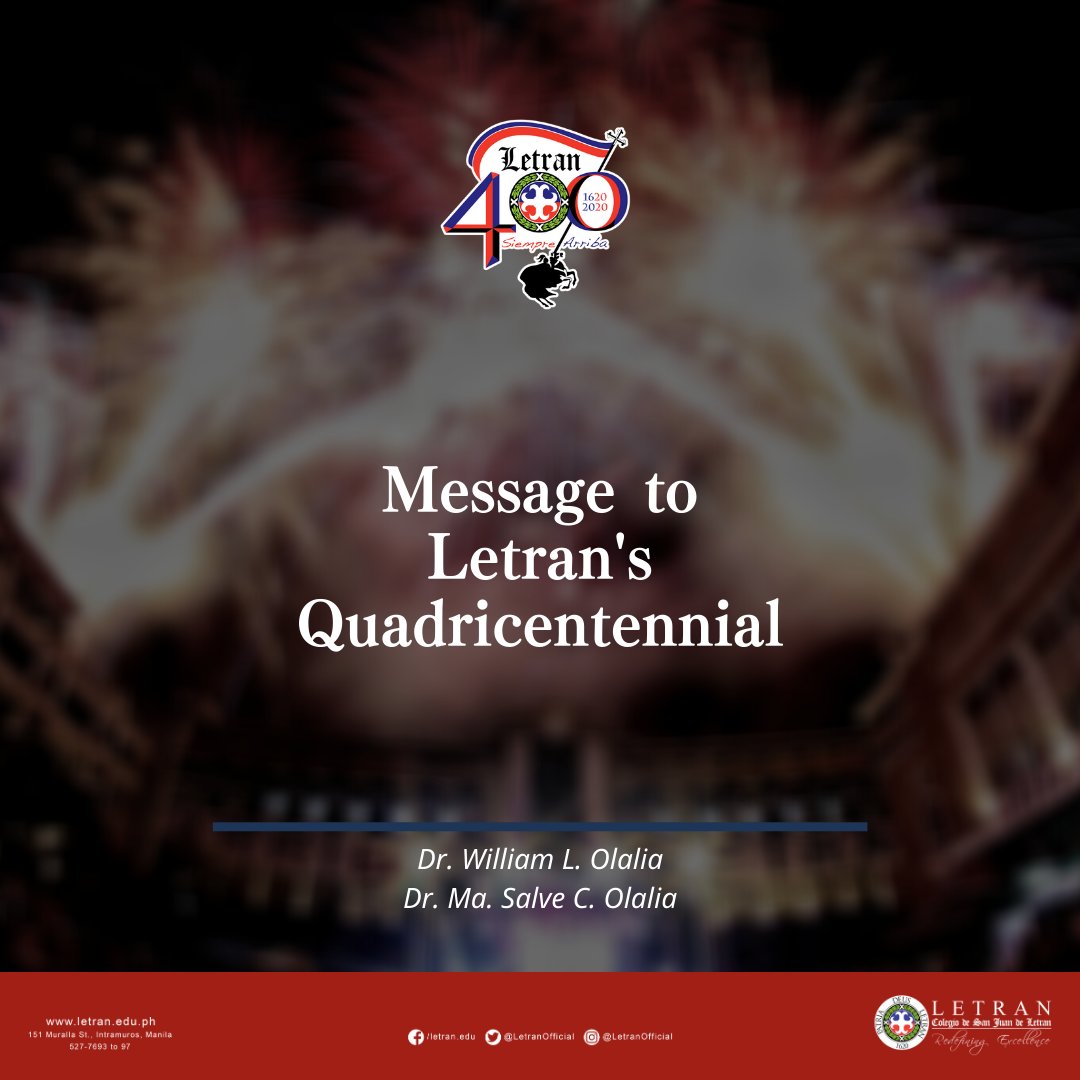 LetranOfficial's tweet photo. READ: Dr. Salve and Dr. William Olalia share their message for Letran's 400th year anniversary.

Arriba!

#Letran400 https://t.co/FjsAITj8zp