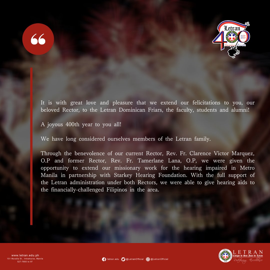LetranOfficial's tweet photo. READ: Dr. Salve and Dr. William Olalia share their message for Letran's 400th year anniversary.

Arriba!

#Letran400 https://t.co/FjsAITj8zp