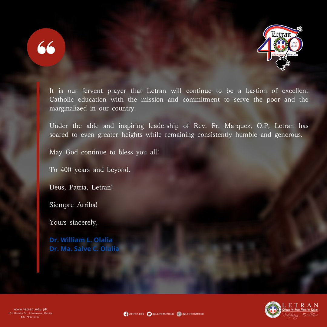 LetranOfficial's tweet photo. READ: Dr. Salve and Dr. William Olalia share their message for Letran's 400th year anniversary.

Arriba!

#Letran400 https://t.co/FjsAITj8zp