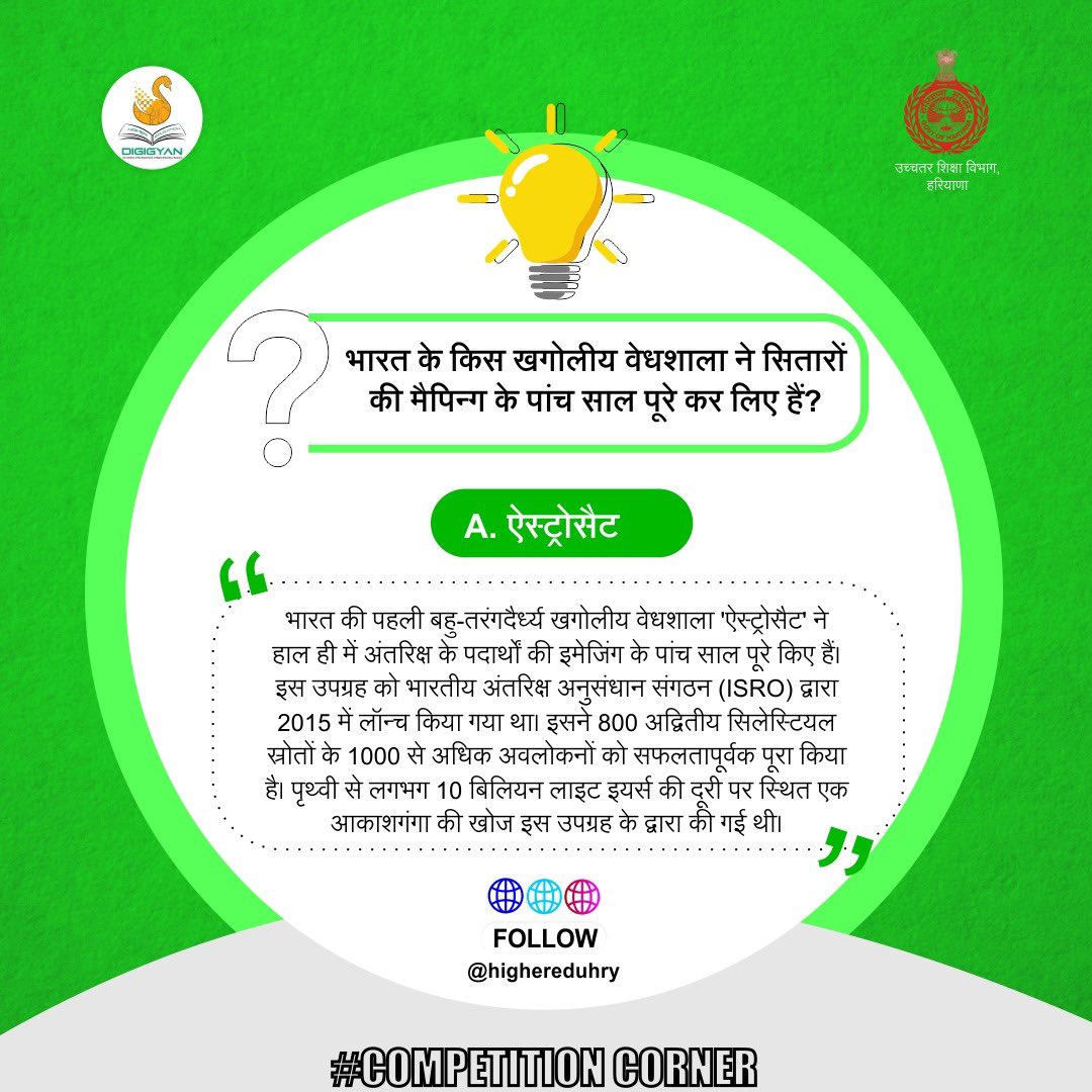 highereduHRY's tweet photo. #CompetitionCorner
Answer to the previous question: Astrosat 

पिछले प्रश्न का जवाब: ऐस्ट्रोसैट https://t.co/Biuxjcwgpv