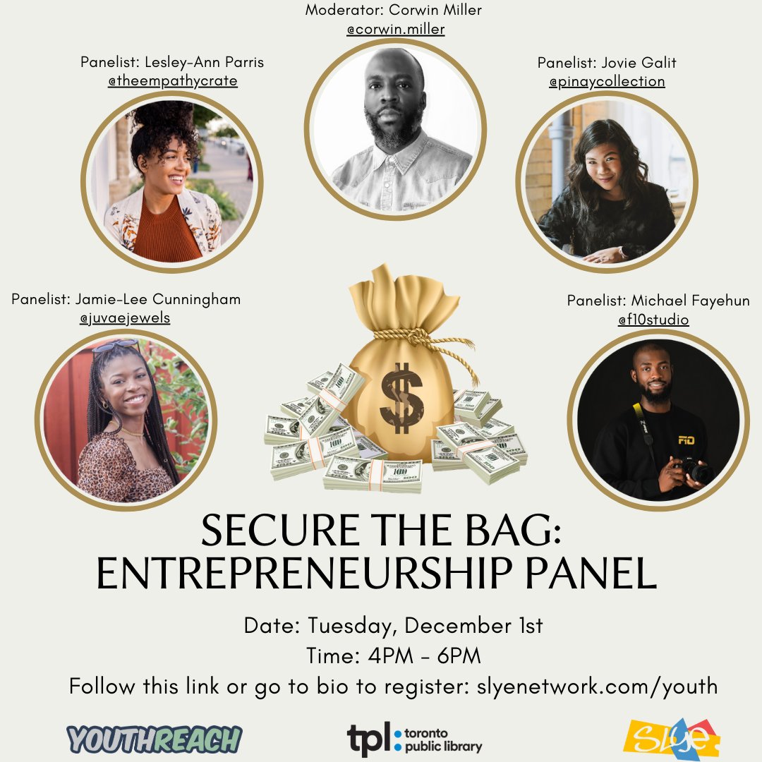 Have you ever dreamed of starting your own #business? Interested in #Entrepreneurship? Join us as we partner w/ <a href="/torontolibrary/">Toronto Public Library</a> &amp; <a href="/JVSToronto/">JVS Toronto</a> for our #Virtual 'Secure the Bag' Series finale! This will be a panel discussion among young #Entrepreneurs! Register now, link in bio!