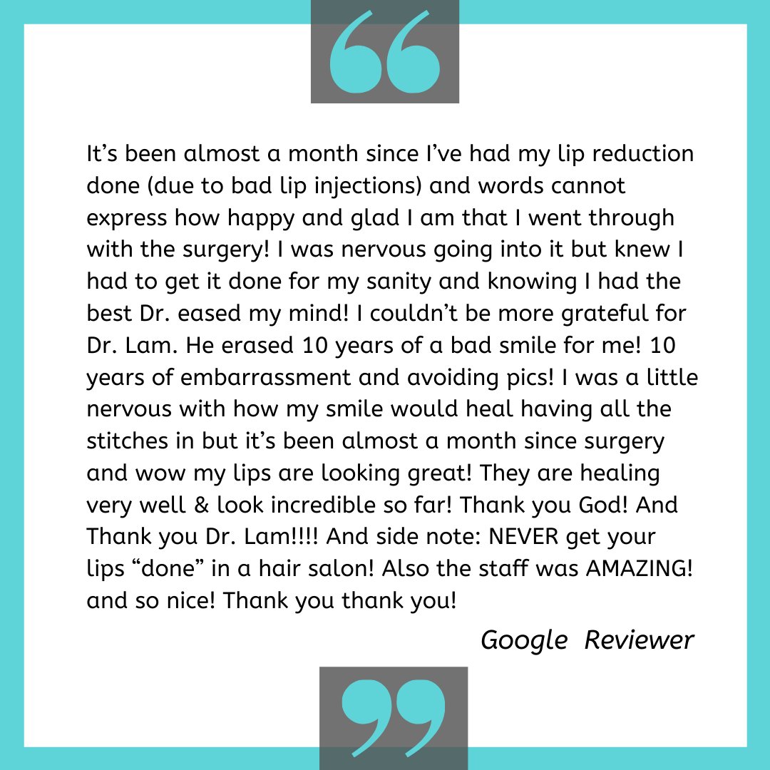 Thank you so much for this kind review. We really appreciate patients taking the time out to share their experience with us. 

This patient had a lip reduction/correction surgery with Dr. Lam.

#dallascosmetics #dallasbotox #dallasfacialplaticsurgery #drlam #lfpdallas