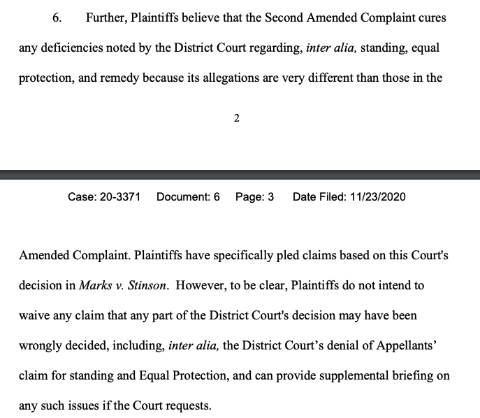 - Speaking of amended pleadings: The campaign filed for expedited review in the 3rd Circuit yesterday, but filed a new version today because they had to clarify that they're not waiving a challenge to the substance of Saturday's ruling dismissing their case