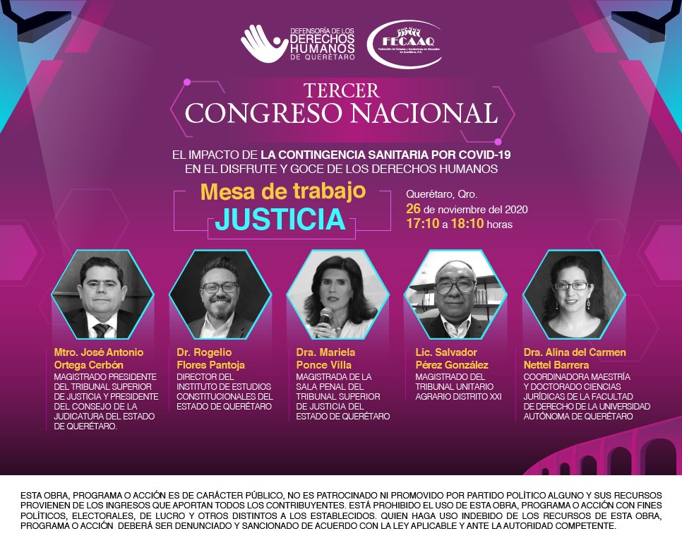 La DDQH y la FECAAQ te invitan este 26 de noviembre a la mesa de trabajo JUSTICIA, a partir de las 17:10 horas, en el marco del Tercer Congreso Nacional.

Hoy se cierran inscripciones: forms.gle/B5p2XbWt1KhWE6…