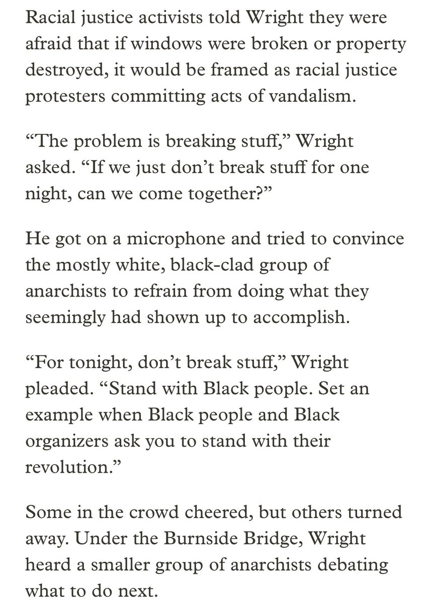 The night after the election a BLM march and a more anarchist march found themselves at the waterfront.Some Black organizers didn’t want to merge the two, unless anarchists agreed not to break windows for the night. Some anarchist agreed, some marched away and broke windows.