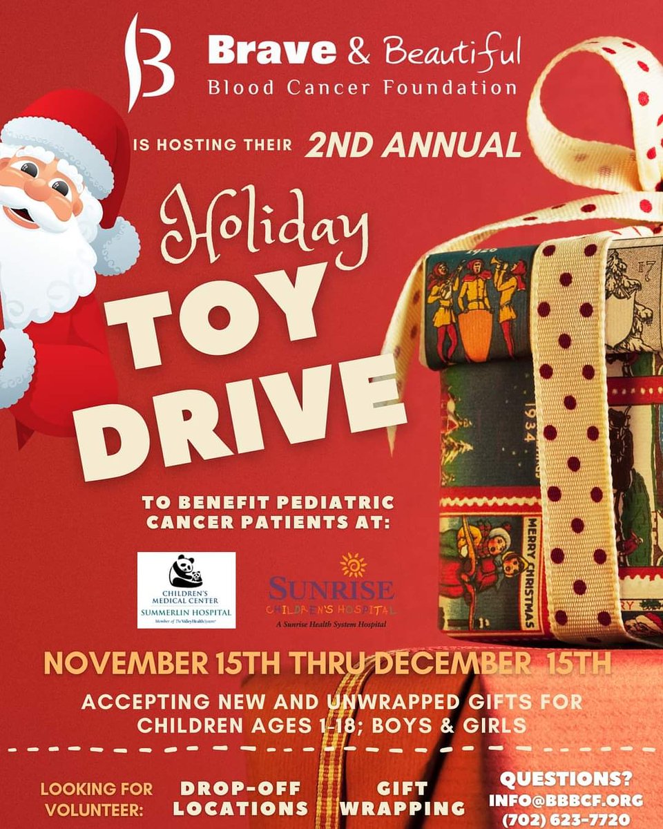 bbbcfusa's tweet photo. Calling on our community to join us for the 2nd annual pediatric cancer holiday toy drive❤🌲 https://t.co/51oHcRydLx 
702-601-2171 info@bbbcf.org https://t.co/ehzyGAOcur