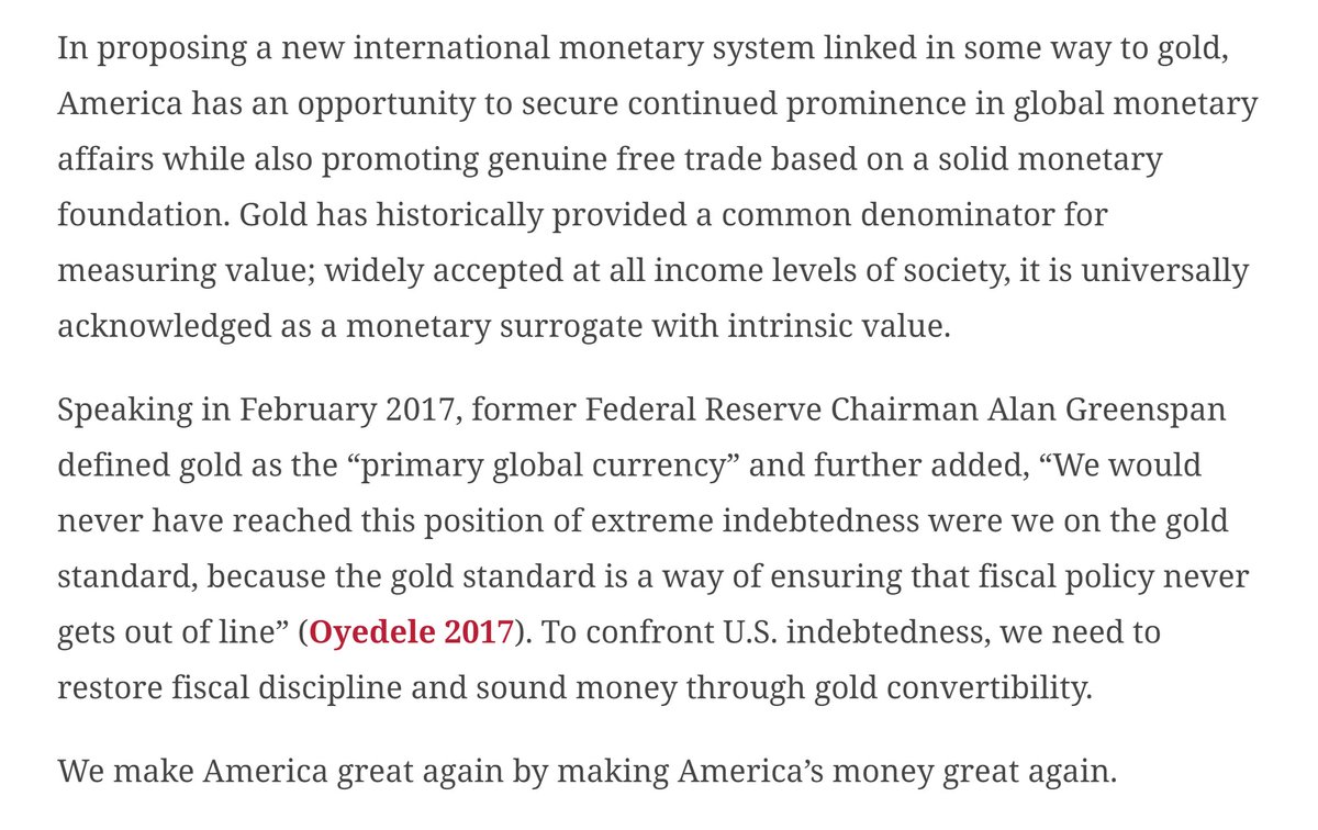 According to Shelton, a new Bretton Woods-style monetary system (meaning: globally coordinated fixed exchange rates pegged to gold) would "restore fiscal discipline" while ending the use of monetary easing as a beggar-thy-neighbor growth strategy.Let& #39;s unpack this...