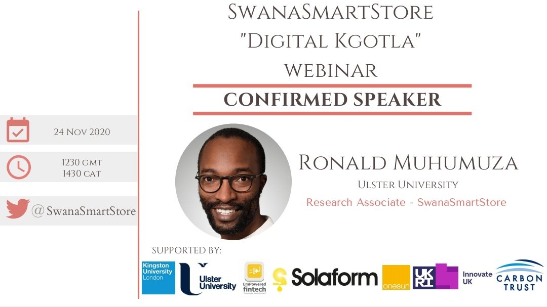 NEW SPEAKER CONFIRMED ⚠️

Introducing @MronengRon, our Research Associate, who will be speaking at the SwanaSmartStore "Digital Kgotla" Webinar tomorrow. Everyone looks forward to your discussion on the impacts of grid-connected system.
